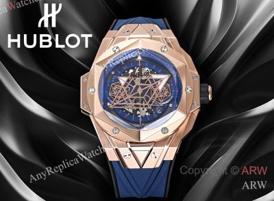 High Quality Replica HUBLOT BIG BANG SANG BLEU II Dark Blue Fluororubber Strap Dark Blue Skeletonized Geometric Face Dial Titanium With Diamond-Set Case Watch 45mm